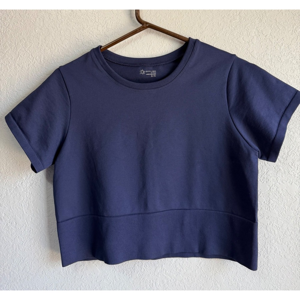 OFFLINE by Aerie Seamless Short Sleeve Crop Top Navy Blue Women's XL 37897345s